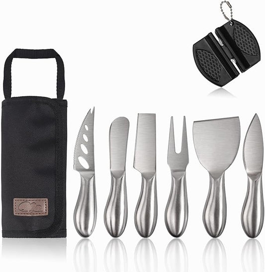 6-Piece Cheese Knife Set, Premium Stainless Steel Cheese Knives for Charcuterie Board for Cutting Hard Medium Soft Cheese, Mini Metal Cheese Cutter Knife Butter Knife with Storage Bag Gift Set