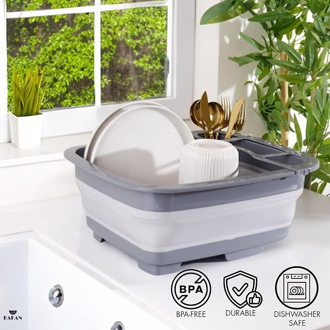 Hakan Collapsible Dish Drying Rack | Foldable Dish Drainer | Space Saving Kitchen Storage Tray Multipurpose Tub with Drain, 9L