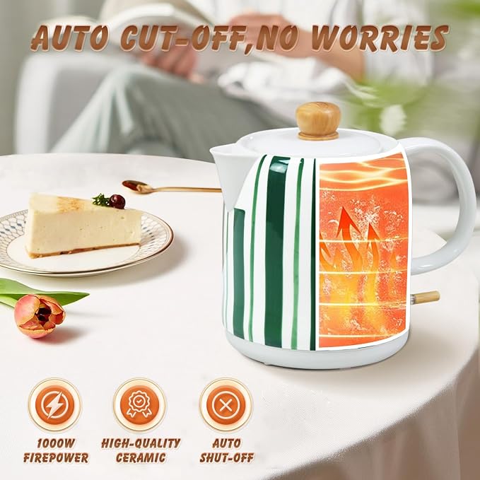 1.0-Liter Ceramic Electric Kettle, 1000W Rapid Boil, Tea Kettles Pot & Hot Water Boiler For Coffee & Tea, Teapot Auto Shut-Off, Boil-Dry Protection (A21)