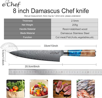 8-Inch Kitchen Knife, Handcrafted Damascus Sharp Chef Knife, Made with VG10 Steel, Wood Grain Resin Handle, Comes with Gift Box (8-inch chef's knife)
