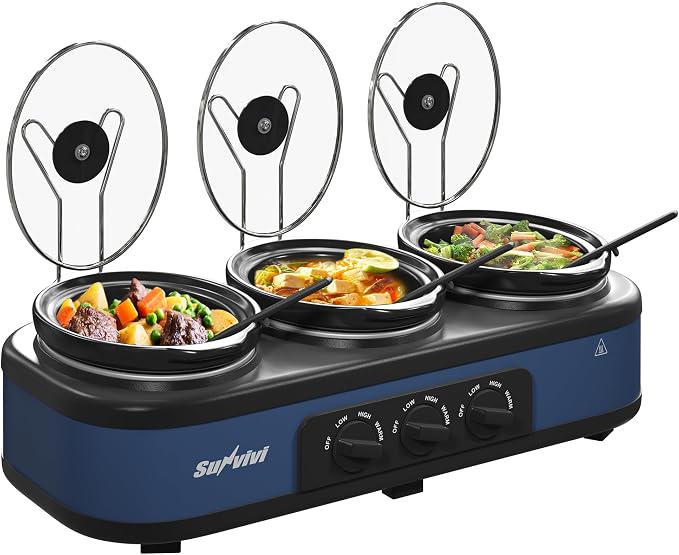 Sunvivi Triple Slow Cooker, Buffet Server & Warmer with 3 Removable Ceramic Pots, 3 Adjustable Temp Settings & 3 Metal Lid Rests, Stainless Steel, 3 * 1.5 Quarts Blue