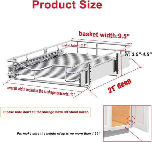 DINDON Pull Out Cabinet Organizer, (11" W x 21" D) Heavy-Duty Metal Sliding Drawer Shelf, Bathroom Under Sink Kitchen Cabinets Organizer and Storage Slide Out Shelves, Chrome, 1 Tier, 2 Pack