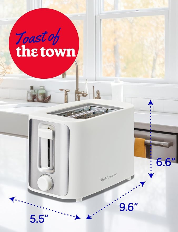 Betty Crocker 2-Slice Toaster, 900W, Variable Toast Shade Control, High Lift Feature, Cool Touch Housing, Bread Centering Guides, Drop Down Crumb Tray, BC-5632W, White