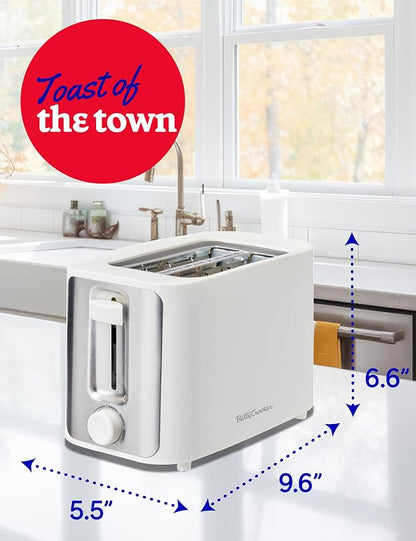Betty Crocker 2-Slice Toaster, 900W, Variable Toast Shade Control, High Lift Feature, Cool Touch Housing, Bread Centering Guides, Drop Down Crumb Tray, BC-5632W, White