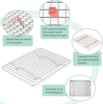 TeamFar Toaster Oven Pan with Cooling Rack Set, 10.5’’ x 8’’ x 1’’ Stainless Steel Compact Toaster Oven Small Baking Pan Tray with Mini Grid Rack, Non-Toxic & Heavy-Duty, Dishwasher & Oven Safe