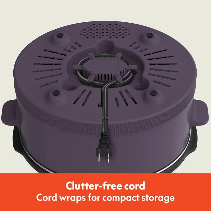 bella 6.0 Qt Manual Slow Cooker, Ceramic Nonstick Coating, 3 Temperature Settings, Dishwasher Safe Stoneware Pot and Tempered Glass Lid, Cool Touch Handles & Tangle Free Cord Wrap, Plum