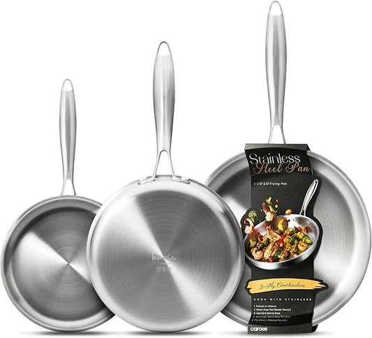 CAROTE 3-Piece Tri-Ply Stainless Steel Frying Pan Set, Skillet Set 8"/10"/12", Induction Compatible, Oven & Dishwasher Safe, Silver Handle