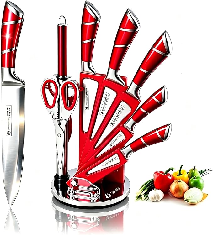 Kitchen Knife Set, 9-Piece Red Kitchen Knife Set with Acrylic Block, Non Stick Sharp High Carbon Stainless Steel Knife Set for Kitchen Cutting Meat Slicing Chopping Kitchen Gifts for Women (Red)