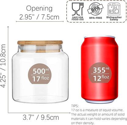 Custde 17 floz Small Glass Storage Containers with Lids,Candy Jar with Lid, Glass Food Storage Containers for Kitchen Counter, Pantry, Decorative Jar for Coffee, Sugar,Tea, Cute Jar(Bamboo 17 FL OZ)