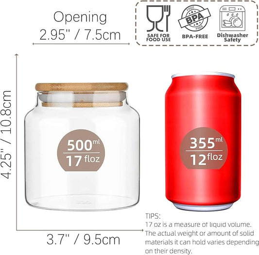 Custde 17 floz Small Glass Storage Containers with Lids,Candy Jar with Lid, Glass Food Storage Containers for Kitchen Counter, Pantry, Decorative Jar for Coffee, Sugar,Tea, Cute Jar(Bamboo 17 FL OZ)