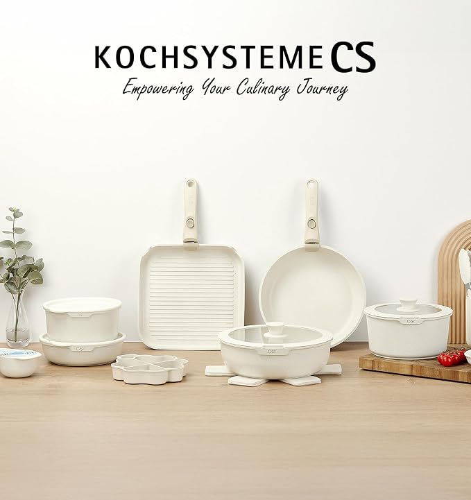 KOCH SYSTEME CS 21 Piece Pots and Pan Set Non Stick, Ceramic Cookware Set with Detachable Handle, RV Camping Stackable Kitchen Set, Pots and Pans Set Non Toxic, Induction Compatible, Oven Safe, 21PCS