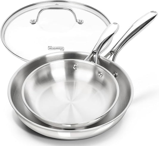 MICHELANGELO Stainless Steel Frying Pan Set with Lid, 8" 10" Cooking Pan set with Triply Base, Stainless Steel Skillet with Ergonomic Handle, Induction Compatible