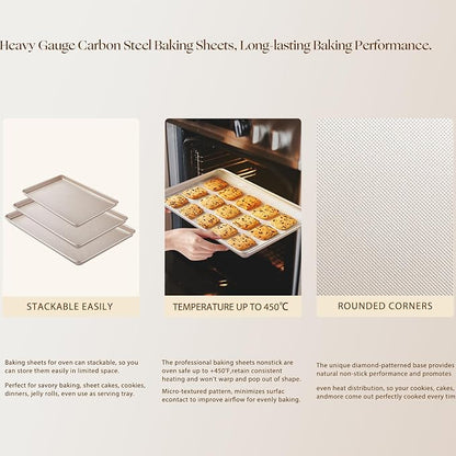 GIUOIDUO Baking Sheet Set of 3, Nonstick Heavy Duty Cookie Sheets for Oven - 13.6"×9.6"/15.5"×10.6"/17.5"×11.8" Warp-Resistant Carbon Steel Bakeware Trays, Champagne Gold, Dishwasher & Oven Safe
