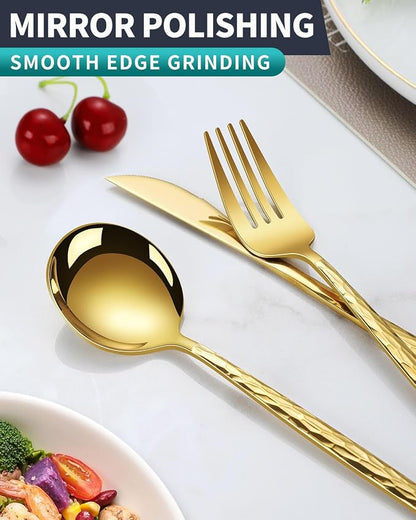 Hammered Gold Silverware Set,30 Piece Stainless Steel Flatware Set for 6,Modern Cutlery Set,Includes Spoon Fork Knives Set,Home Kitchen and Restaurant,Dishwasher Safe