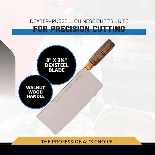 Dexter-Russell 8110 Traditional Chinese Chef’s Knife, 8" x 3-1/4", High-Carbon Steel Blade, Rosewood Handle, Individually Ground Edge, Brass Ferrule, Lightweight, Made in USA