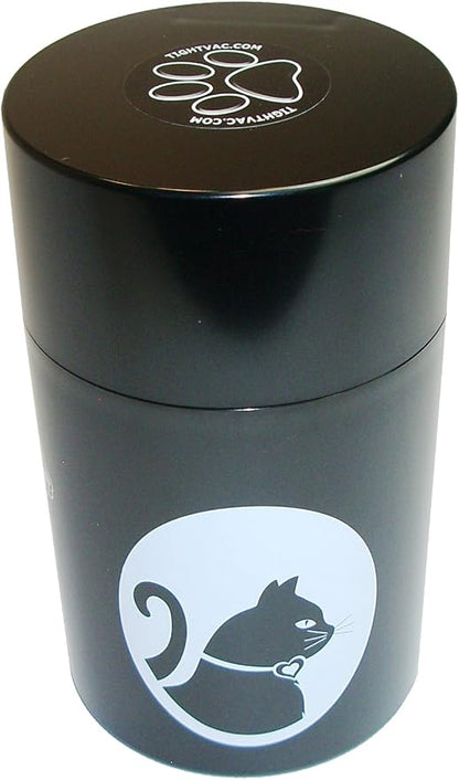 Tightpac Pawvac 1 to 6 Ounces Container, Airtight Pet Food and Treats Storage Jar - Patented Vacuum Seal Container for Pet Food, Treats and other Dry Goods - Black with Cats