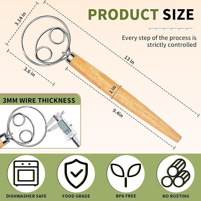 Hand Whisk Stainless Steel Dough Hook Dutch Whisk for Sourdough Bread Dough Mixer Hand Wooden Handle Kitchen Whisking Mixing Tool Bread Making Tools (two eyes)