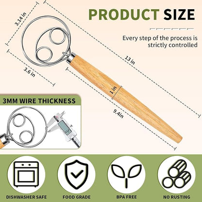 Hand Whisk Stainless Steel Dough Hook Dutch Whisk for Sourdough Bread Dough Mixer Hand Wooden Handle Kitchen Whisking Mixing Tool Bread Making Tools (two eyes)