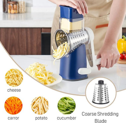 Weltonhm Rotary Cheese Grater with 4 Blades, Large Hand Crank Cheese Grater with Waffle Slicer, Blue Cheese Shredder with Suction Base, Easier for Shredding& Grating (Blue, 4 Graters)