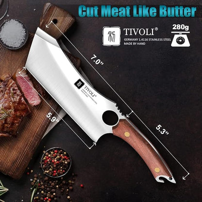 TIVOLI Meat Cleaver Knife Japanese Kitchen Vegetable Knife Sharp Meat Chopper Forged In Fire Full Tang Cleaver Knives with Sheath Bottle Opener for Outdoor Camping Men Women