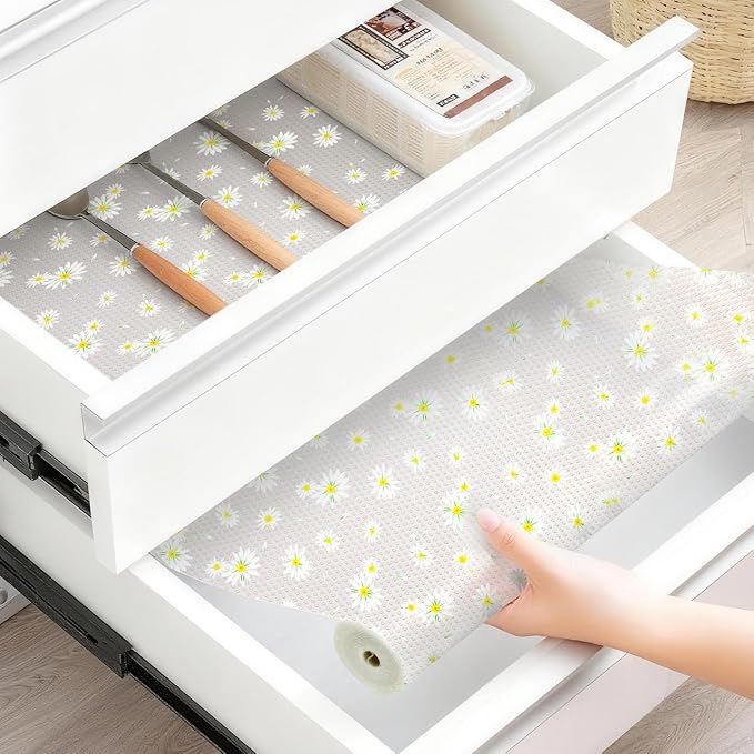 FEXIA Shelf Liner for Kitchen Cabinets Non-Adhesive 12 Inch x 20 FT Daisy cWaterproof Drawer Liner Refrigerator Pantry Closet Durable Non Adhesive Pantry Liner for Shelves Wire Shelf Covers