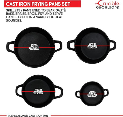 Cast Iron Skillets Frying Pans Set of 4 (Pre-Seasoned) for Serving, Cooking and Baking 7.87” – 4.72”, Oven Safe Forms | Indoor & Outdoor Use