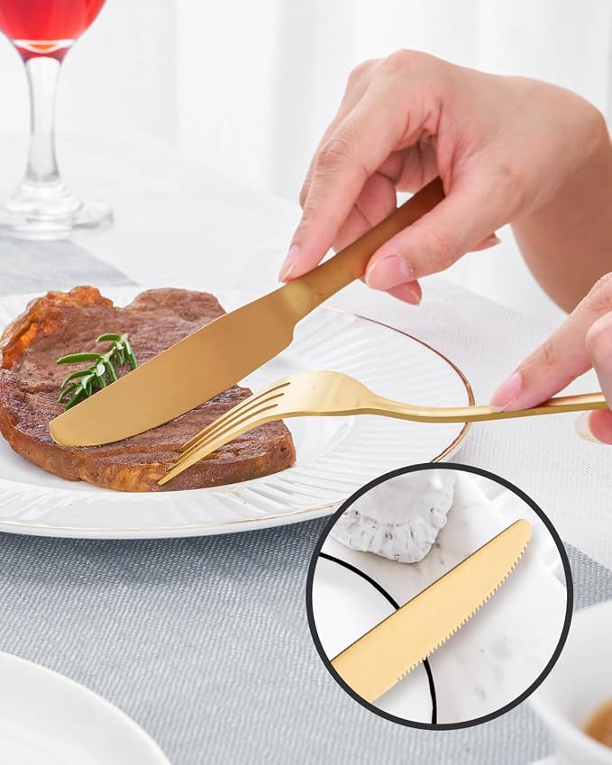 Matte Gold Silverware Set with Steak Knives,Stainless Steel Flatware Set for 6,Modern Cutlery Utensils Set,Spoons and Forks Set for Restaurant,Dishwasher Safe (Gold, 20 Piece Set)