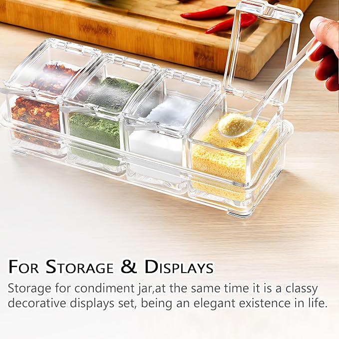 Clear Seasoning Box,V-Resourcing 4 Pieces Clear Seasoning Storage Container for Spice Salt Sugar Cruet,Condiment Jars with Spoons…