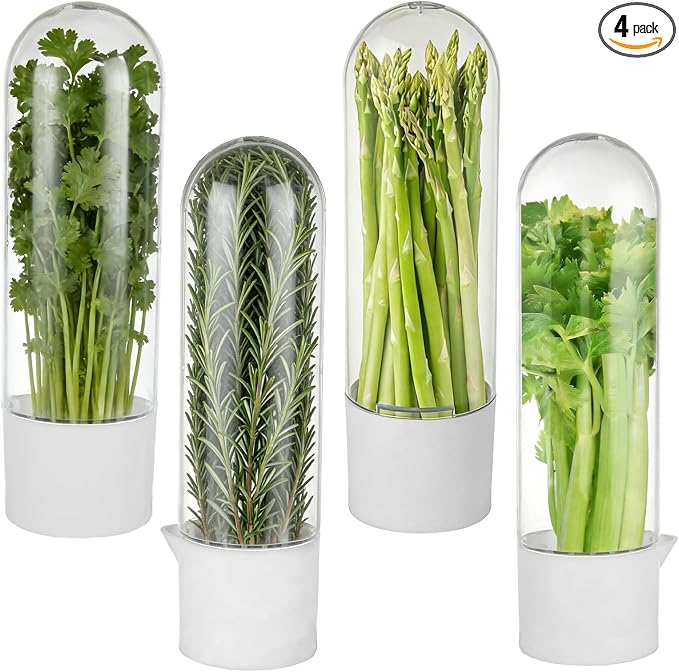 4 PCS Fresh Herb Keeper for Refrigerator, Herb Saver for Refrigerator, Cilantro Containers for Fridge, Herb Storage Containers for Cilantro Asparagus Mint Rosemary Parsley Basil for 2-3 Weeks