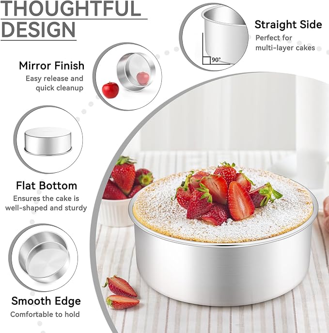 Leonyo 8 Inch Cake Pan, Stainless Steel Circle Baking Pans Set, 3 Pieces Round Layer Cake Tin for Wedding Birthday, Even Heating, Non Toxic & Healthy, Heavy-Duty, Dishwasher Safe