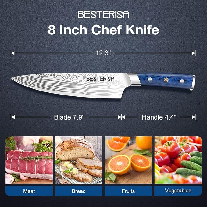 Chef Knife,8 Inch Professional Chef Knife German Stainless Steel,Ultra Sharp Vegetable Meat Cleaver Knife with Knife Guard