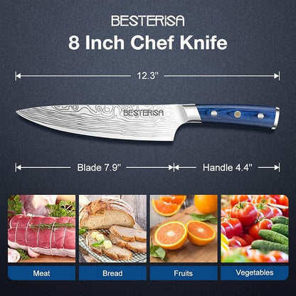 Chef Knife,8 Inch Professional Chef Knife German Stainless Steel,Ultra Sharp Vegetable Meat Cleaver Knife with Knife Guard