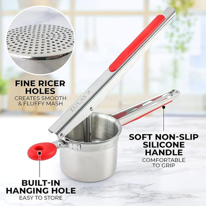 Zulay Kitchen Premium Large 15oz Potato Ricer, Heavy Duty Professional Stainless Steel Potato Masher and Ricer Kitchen Tool, Press and Mash Kitchen Gadget - Red and Silver Fixed Disc