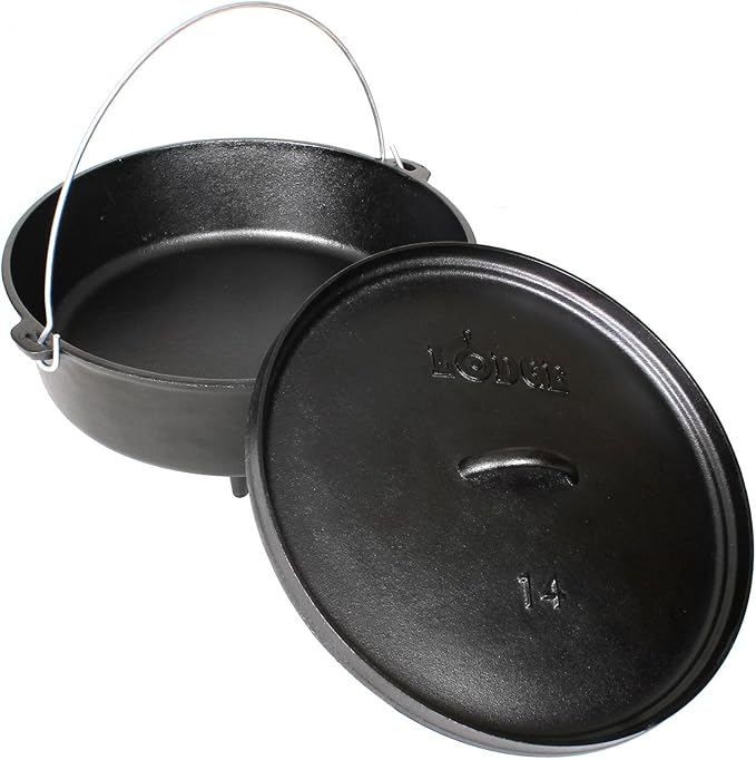 Lodge Seasoned Cast Iron Camp Dutch Oven with Lid - 6 Quart - Dual Handles - Seasoned Cast Iron Cookware with Steel Handle & Strong Lid for Heavy- Duty Camping Cookware