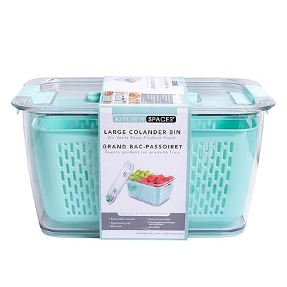 Kitchen Spaces Colander Bin, Produce Saver, Fridge Organizer With Lid, Wash, Strain and Store, Great for Refrigerator, Freezer and Pantry, X-Large, Mint Green, Pack of 1
