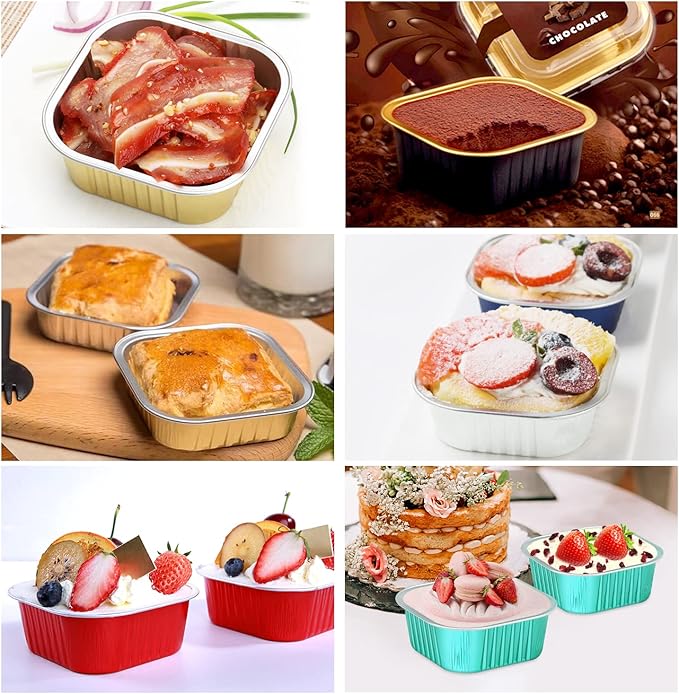 LNYZQUS Mini Cake Pans with Lids and Spoons,10oz Disposable Small Foil Baking Tins,40 Pack Individual Cake Containers for Home Bakers Bake Sales-Cyan Blue,4x4 Square