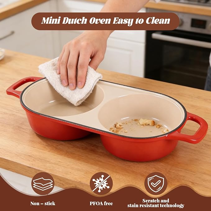 Double Dutch Oven for Sourdough Bread Baking - Enameled Cast Iron Bread Pan with Lid, 2-Slot Mini Loaf Design (16.5cm Each) for Homemade Artisan Bread, Easy to Clean, Ideal for Family Daily Baking