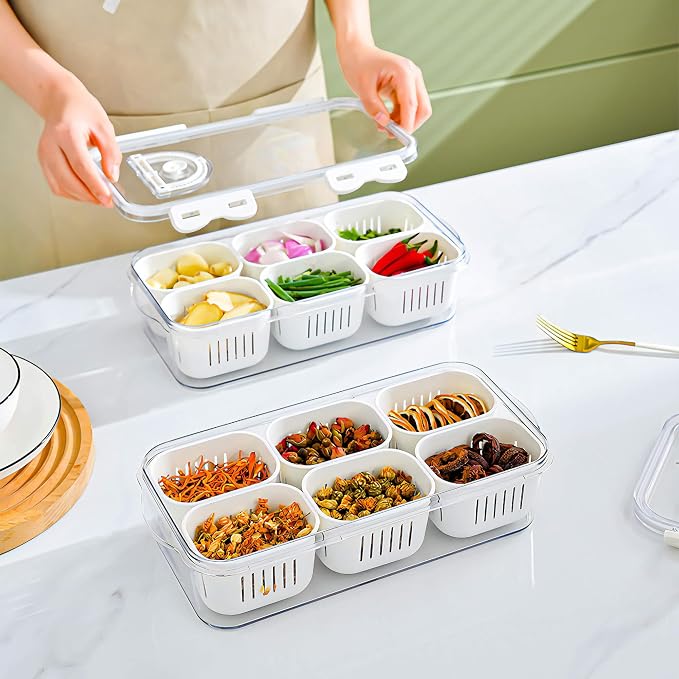 2Pack Divided Food Serving Tray with Lids Stackable Snackle Box for Candy Nuts Spice Fruit&Veggie Container with 6 Small Dividers Plastic Storage Bins for Fridge Pantry Freezer