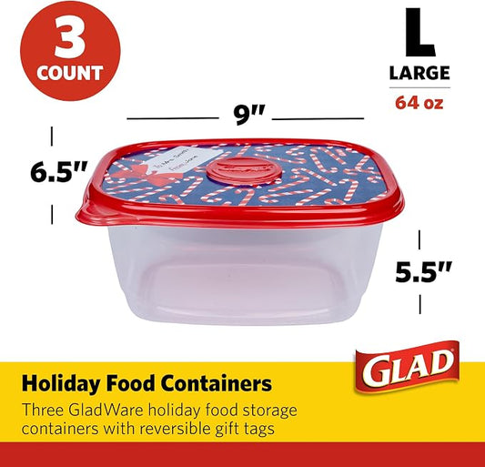 Glad GladWare Holiday Food Storage Containers with Reversible Gift Tags, Large Rectangle BPA Free Plastic for Holiday Cookies and Gifting, Microwave Freezer Dishwasher Safe, 64 Oz, 3 Count
