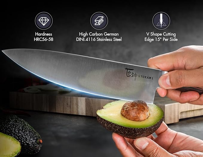 SYOKAMI Japanese Chef Knife, 8 Inch Ultra Sharp Professional Kitchen Knife, High Carbon Stainless Steel Cutting Knife With Ergonomic Wood Handle, House Warming Gifts