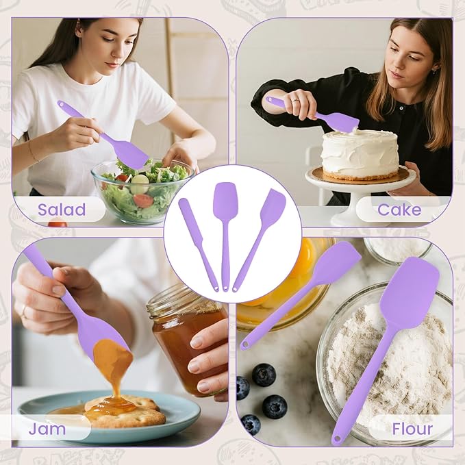 Spatulas Silicone Heat Resistant, Rubber Spatula Food Grade, Handle with Ergonomic Grip Kitchen Utensils Set,Nonstick Silicona Cooking Utensils Set for Cooking and Mixing 3Pacs Purple