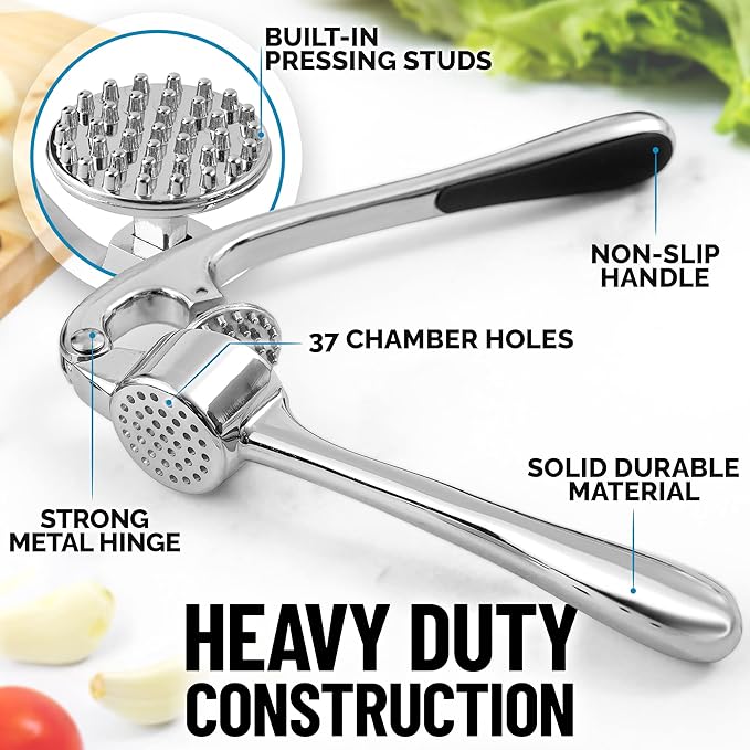 Zulay Kitchen Premium Garlic Press - Durable Garlic Masher with Soft, Easy to Squeeze Handle - Garlic Mincer Tool - Sturdy Easy to Clean Garlic Crusher (Chrome)