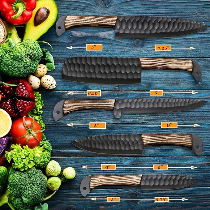 LEONA CRAFT® Hand-Forged Chef Knife Set | Hammered Steel Kitchen Knives with Full-Tang Wood Handles | Professional Cooking Tools for Home or Restaurant | 5-Piece Set with Leather Roll(017)