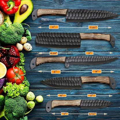LEONA CRAFT® Hand-Forged Chef Knife Set | Hammered Steel Kitchen Knives with Full-Tang Wood Handles | Professional Cooking Tools for Home or Restaurant | 5-Piece Set with Leather Roll(017)