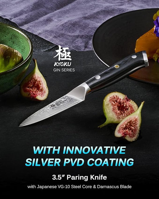 KYOKU 3.5" Japanese Paring Fruit Knife,UPGRADED Silver Ion Damascus Blade VG10 Ultra Sharp Small Kitchen Knife for Professional &Home Chefs,Vegetable Peeler for Peeling with Cover,Gifts for Father Men