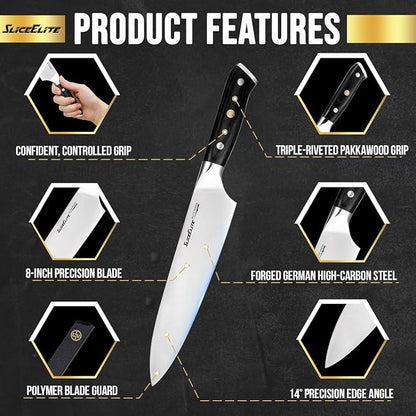 SliceElite Slice Series 8 Inch Chef Knife High Carbon German Steel Blade Pakkawood Handle with Polymer Blade Guard Professional Sharp Kitchen Knife for Meat Cutting Vegetable BBQ Cooking Chopping