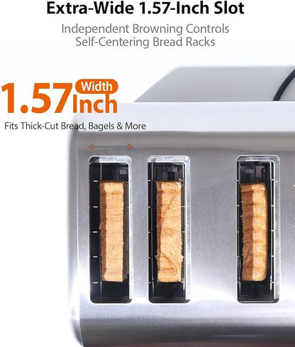 Commercial Grade Toaster 4 Slice 225 pcs/Hour 1800W Industrial Toasters Wide Slot 6-Settings Stainless Steel Heavy Duty for Restaurant Bagels,muffin,Tray, Bread, Breakfast, Texas Toast