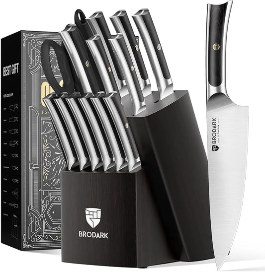 BRODARK 15 PCS Knife Set with Block,Pakkawood Handle Kitchen Knife Set | Ultra Sharp Chef Knife set with sharpener, High Carbon Stainless Steel, Non-Slip Grip for Cooking, Gift Box for Dad Father