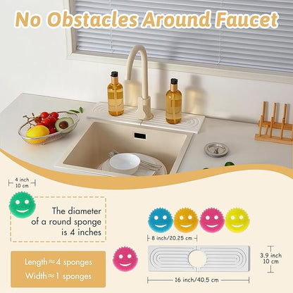 Faucet Mat for Kitchen Sink with Sandpaper, Diatomaceous Earth Faucet Splash Guard, Fast Drying Sink Protector Stone, Water Absorbing Stone Mat for Bathroom Sink Counter, Gift for Mother's Day, White