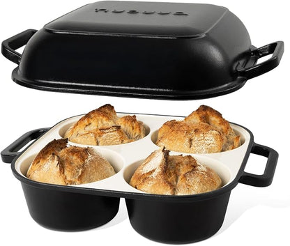 QuadPro Enamelled Cast Iron Bread Loaf Pot – Dutch Oven for Sourdough Bread Baking – 500°F Oven Safe Non Stick Bread Pot – 4 Round Loaf Spaces (4.90-inch Diameter), Black – by Nuovva
